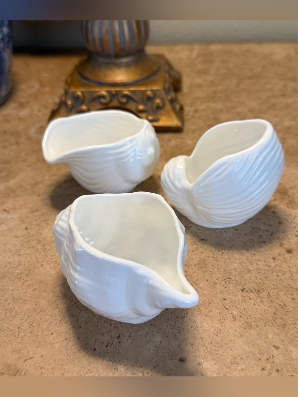 Vintage White Ceramic Shell Dipping Bowls Individual Creamer Pitcher Trio Set